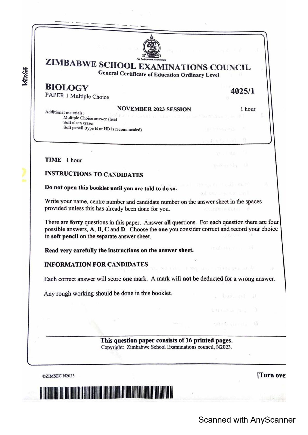 First page of ZIMSEC O-Level Biology Paper 1 November 2023 Question Paper