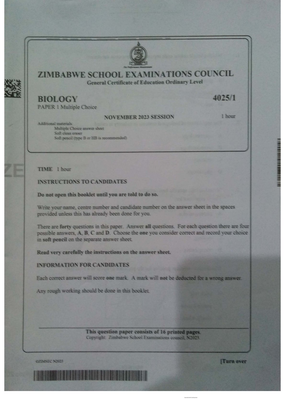 First page of ZIMSEC O-Level Biology Paper 1 November 2023 Question Paper