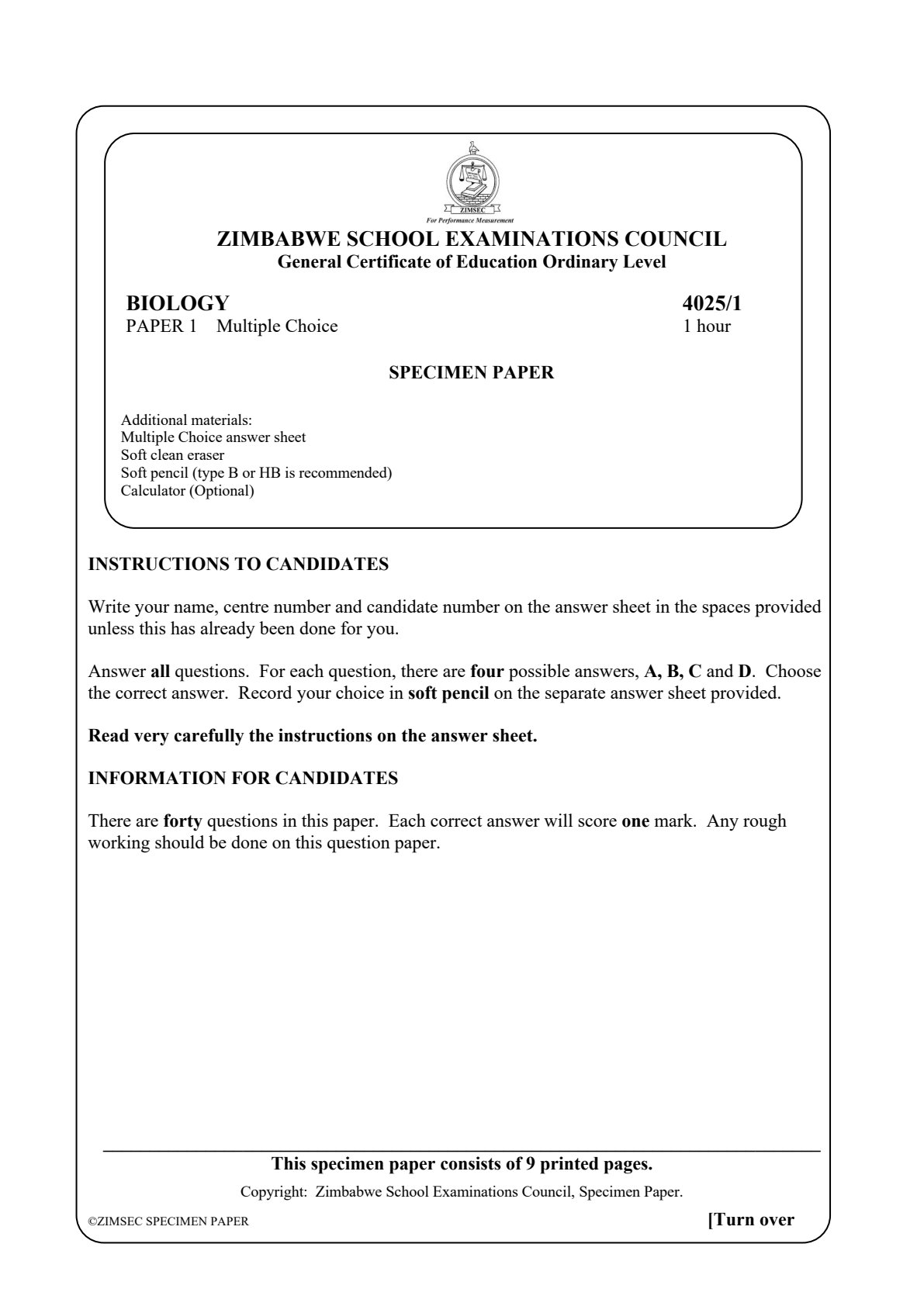 First page of ZIMSEC O-Level Biology Paper 1 Question Paper