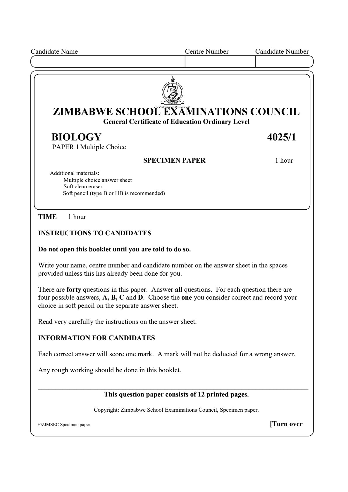 First page of ZIMSEC O-Level Biology Paper 1 Specimen Question Paper