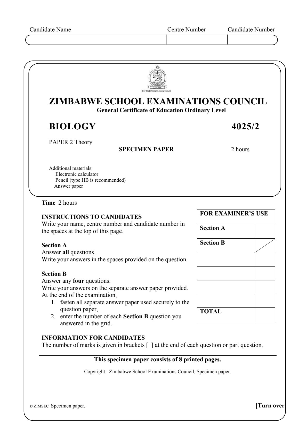 First page of ZIMSEC O-Level Biology Paper 2 2020 Question Paper
