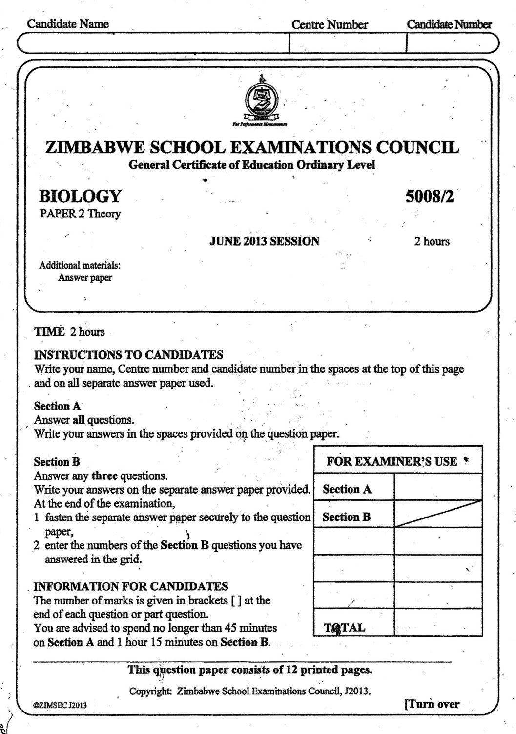 First page of ZIMSEC O-Level Biology Paper 2 June 2013 Question Paper