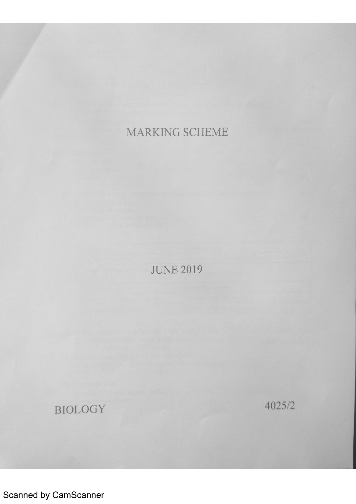 First page of ZIMSEC O-Level Biology Paper 2 June 2019 Marking Scheme