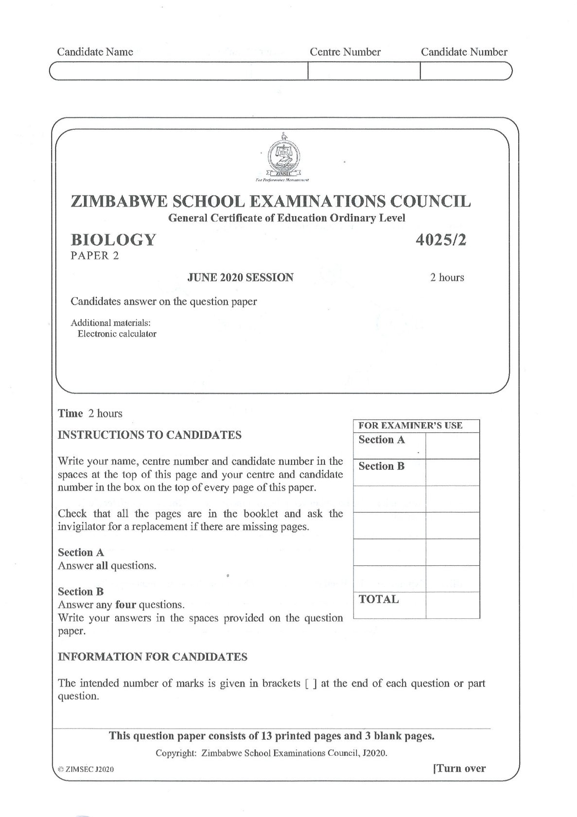 First page of ZIMSEC O-Level Biology Paper 2 June 2020 Question Paper
