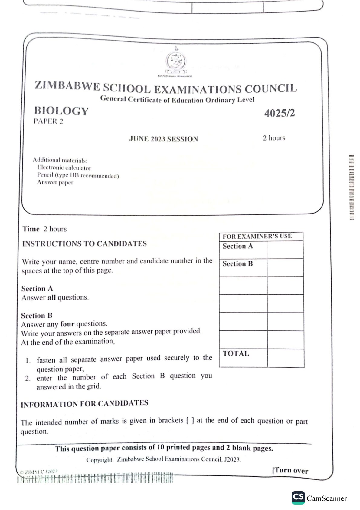 First page of ZIMSEC O-Level Biology Paper 2 June 2023 Question Paper