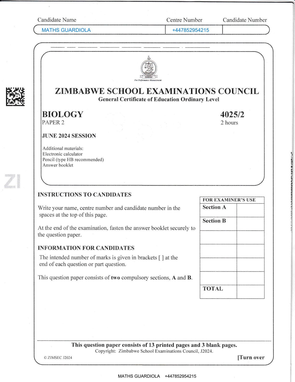 First page of ZIMSEC O-Level Biology Paper 2 June 2024 Question Paper