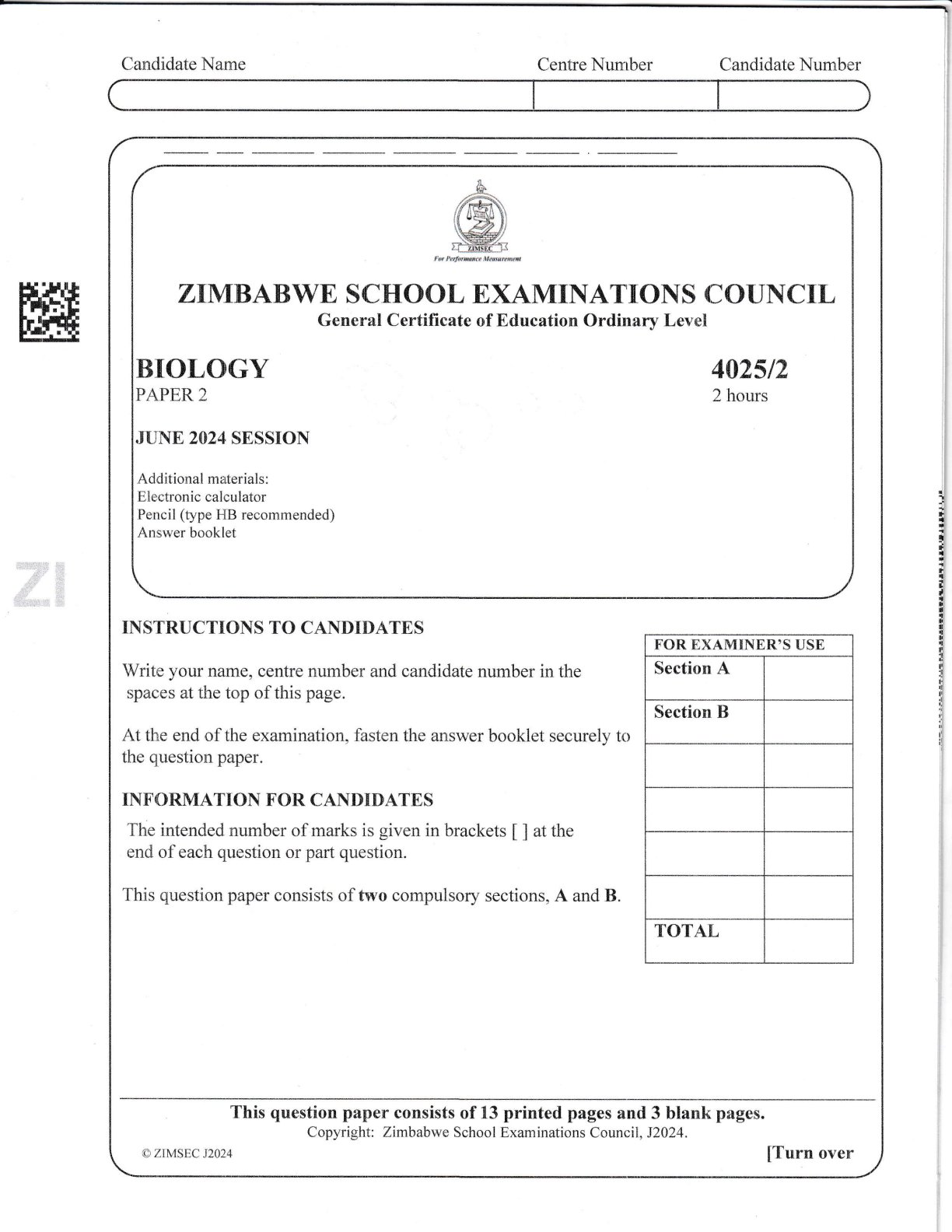First page of ZIMSEC O-Level Biology Paper 2 June 2024 Question Paper