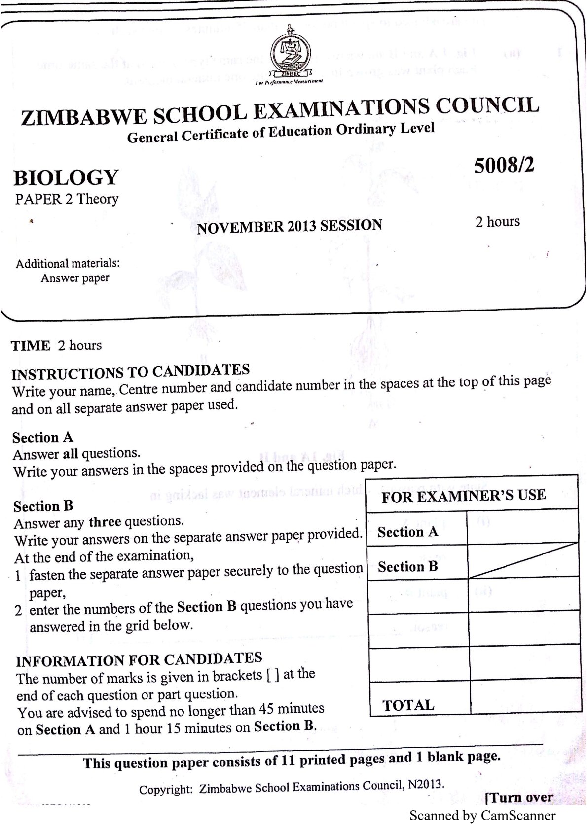 First page of ZIMSEC O-Level Biology Paper 2 November 2013 Question Paper