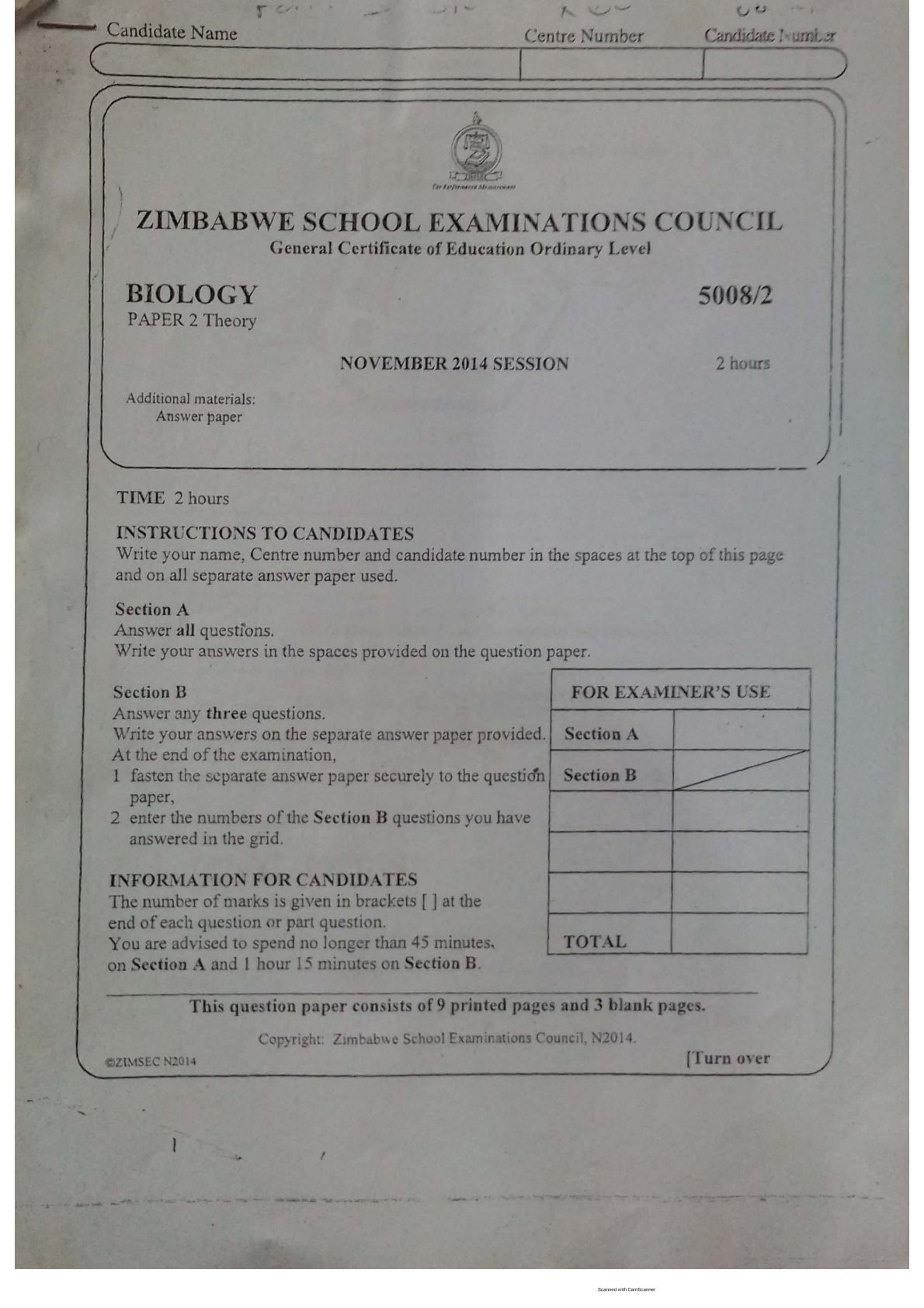 First page of ZIMSEC O-Level Biology Paper 2 November 2014 Question Paper