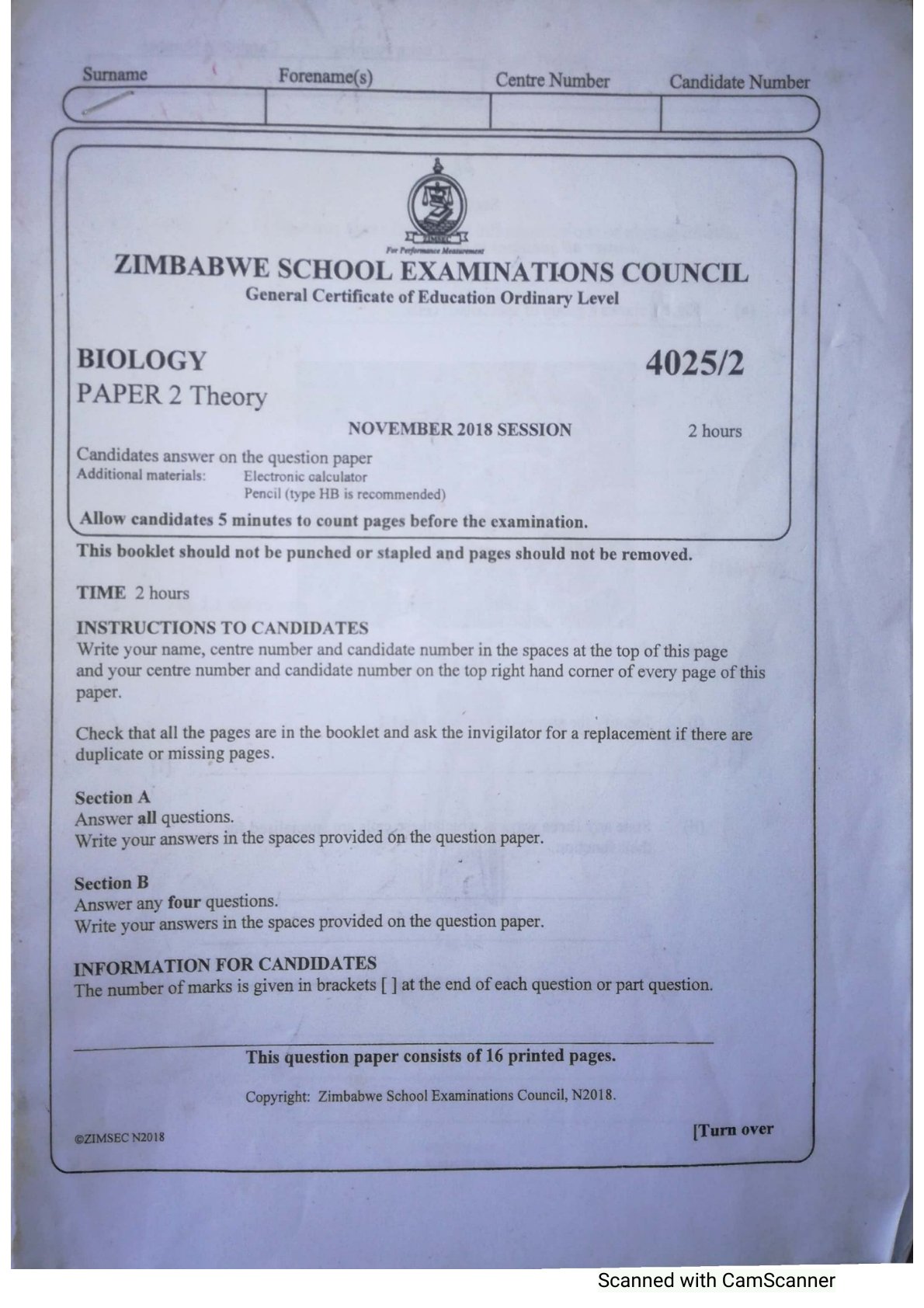 First page of ZIMSEC O-Level Biology Paper 2 November 2018 Question Paper