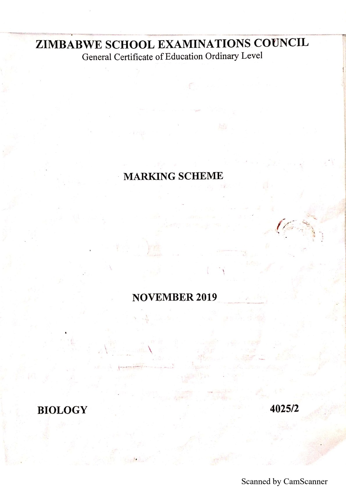 First page of ZIMSEC O-Level Biology Paper 2 November 2019 Marking Scheme