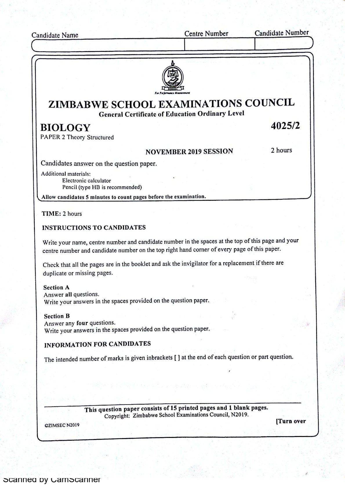 First page of ZIMSEC O-Level Biology Paper 2 November 2019 Question Paper