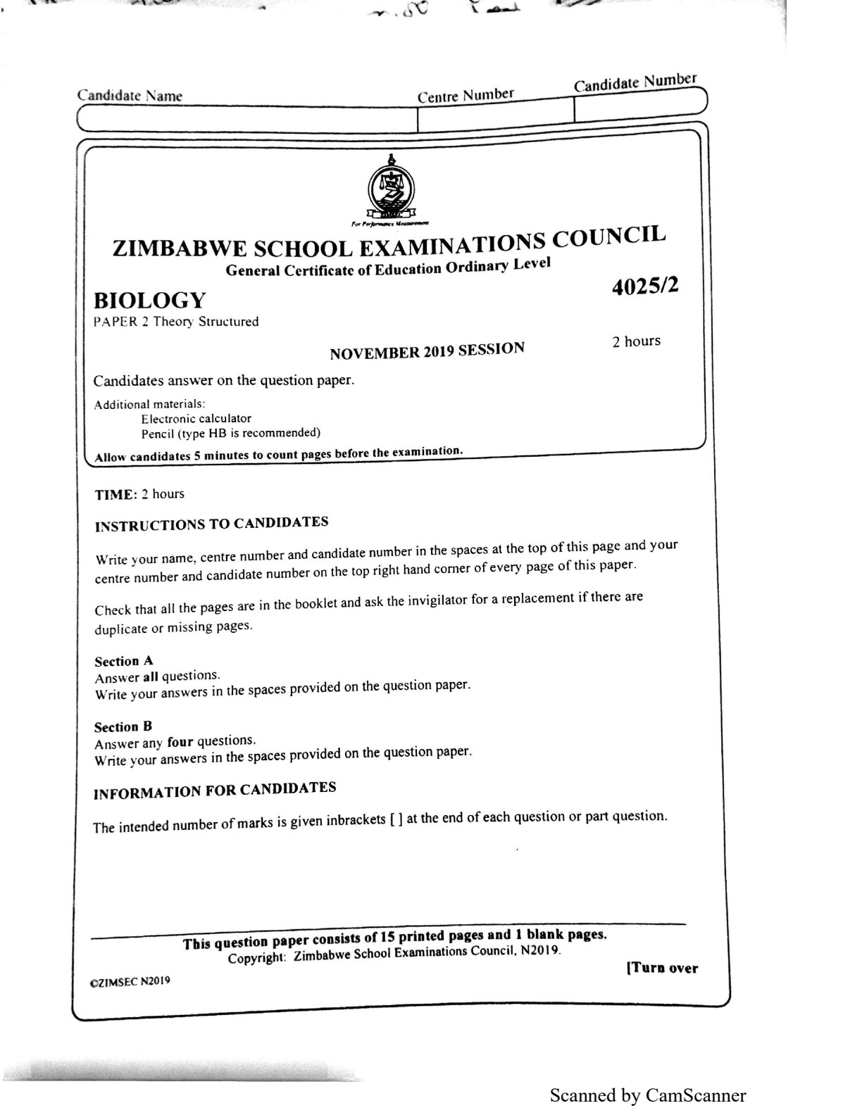 First page of ZIMSEC O-Level Biology Paper 2 November 2019 Question Paper