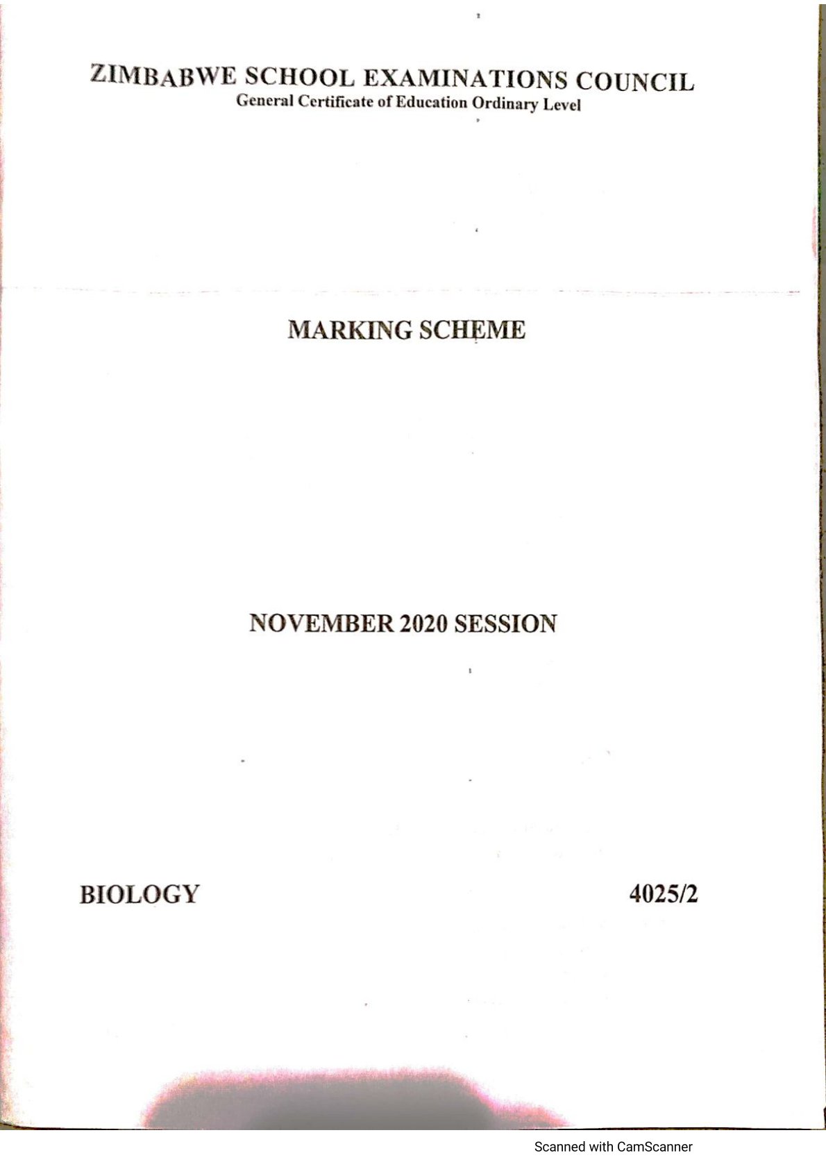First page of ZIMSEC O-Level Biology Paper 2 November 2020 Marking Scheme