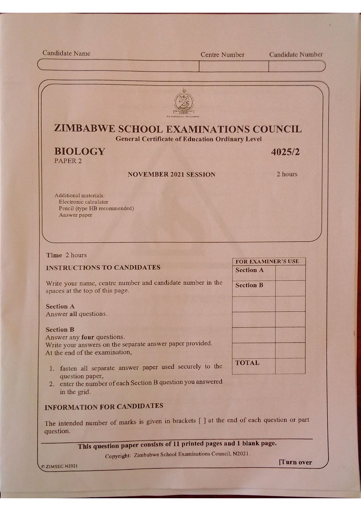 First page of ZIMSEC O-Level Biology Paper 2 November 2021 Question Paper
