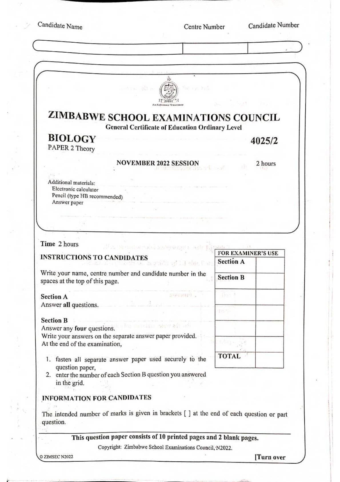 First page of ZIMSEC O-Level Biology Paper 2 November 2022 Question Paper