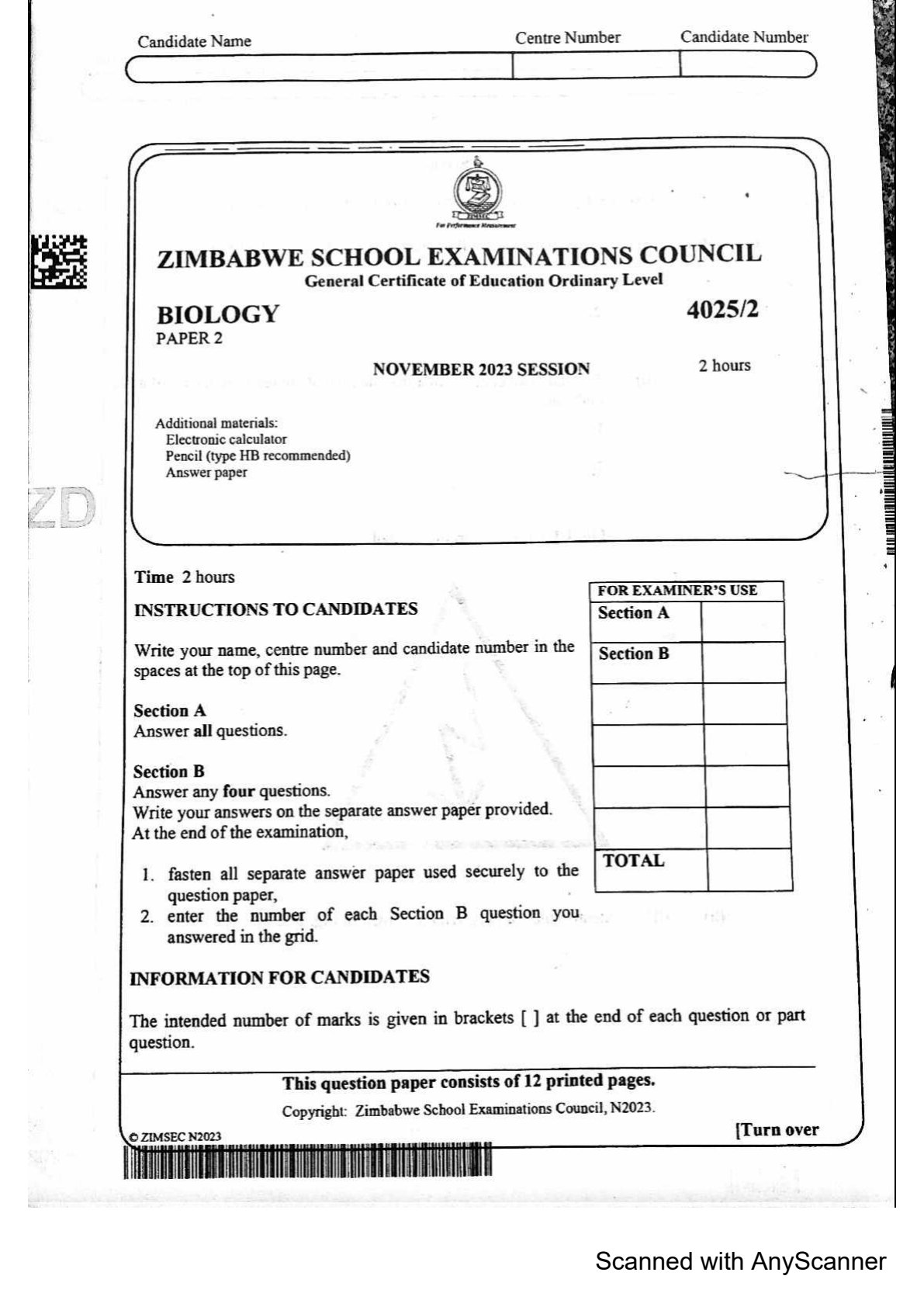 First page of ZIMSEC O-Level Biology Paper 2 November 2023 Question Paper