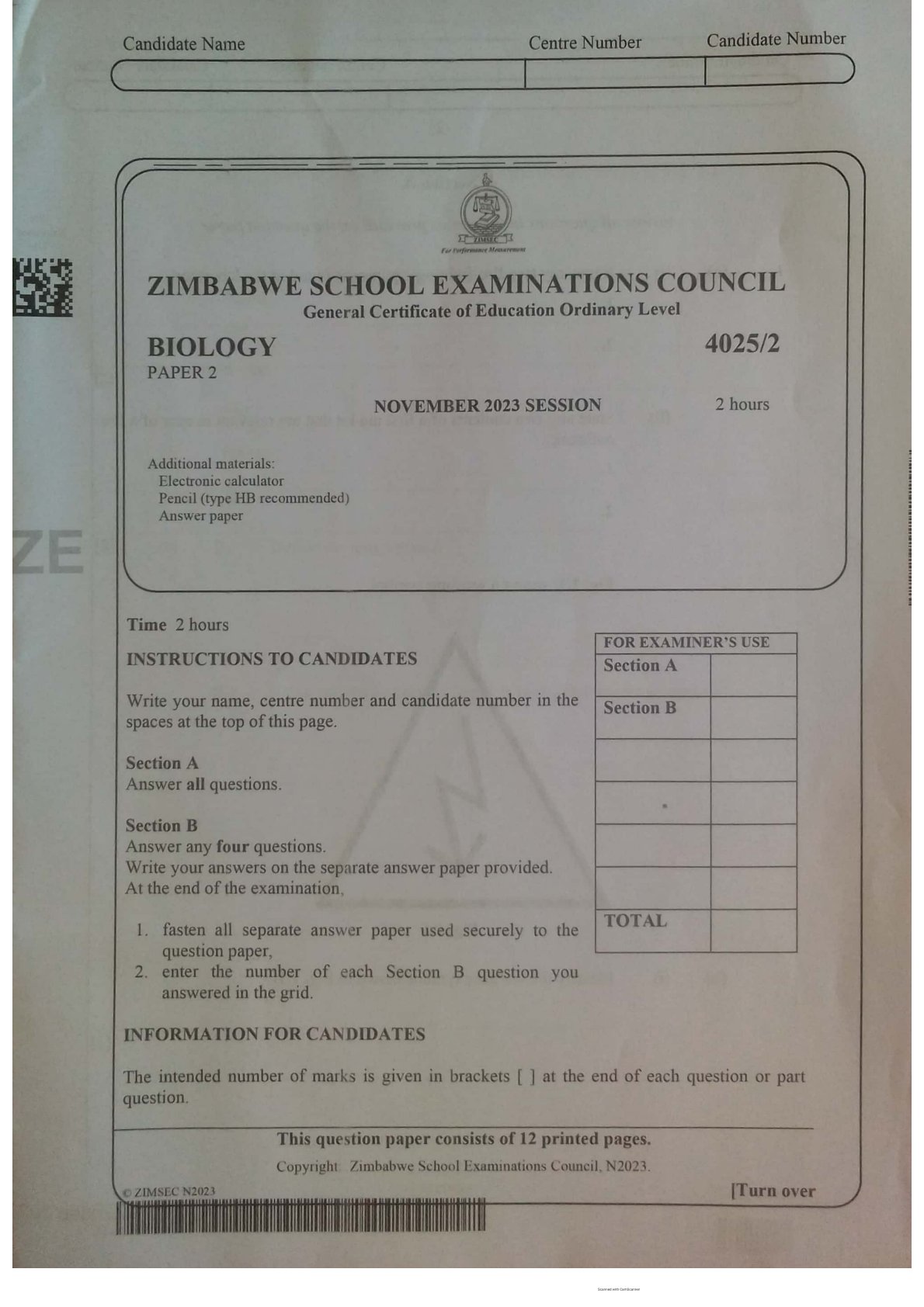 First page of ZIMSEC O-Level Biology Paper 2 November 2023 Question Paper