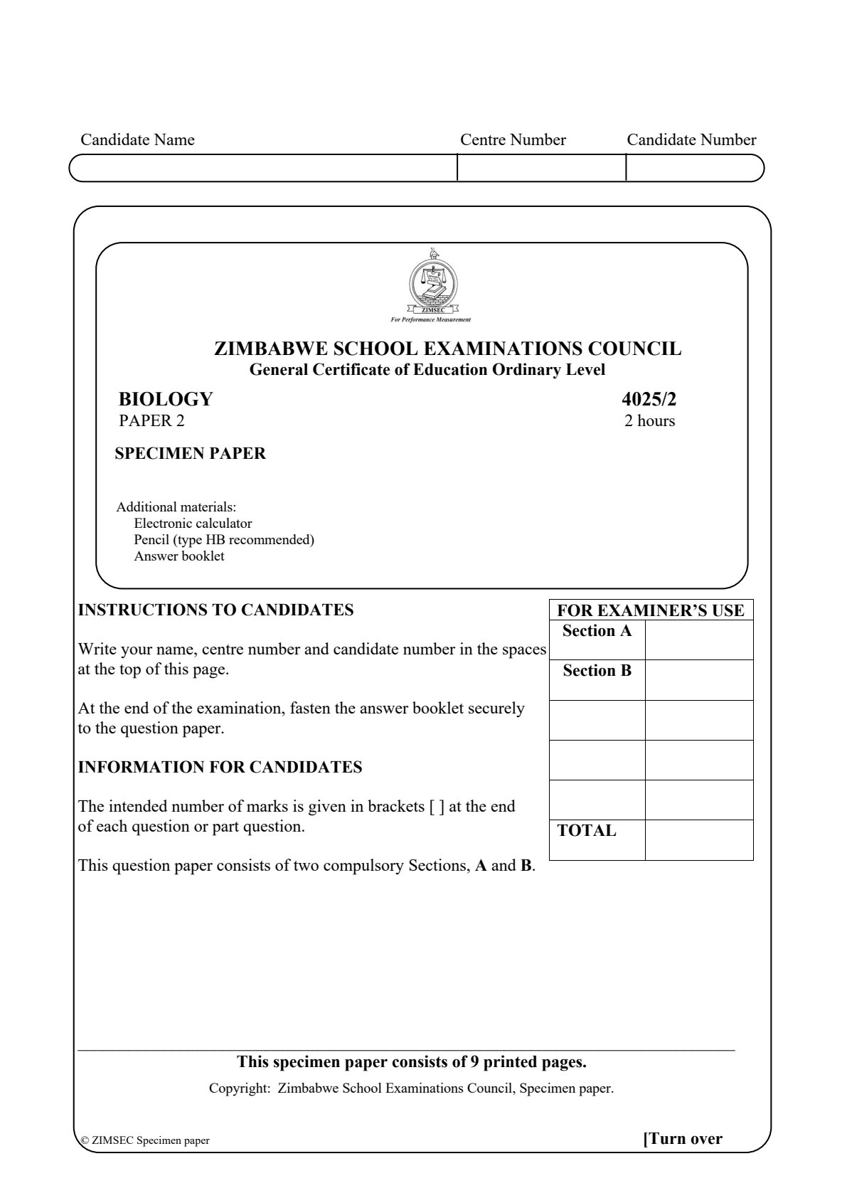 First page of ZIMSEC O-Level Biology Paper 2 Question Paper