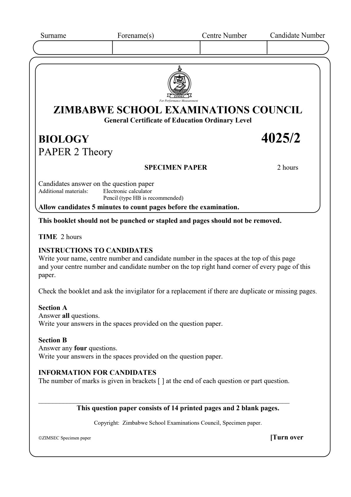 First page of ZIMSEC O-Level Biology Paper 2 Question Paper