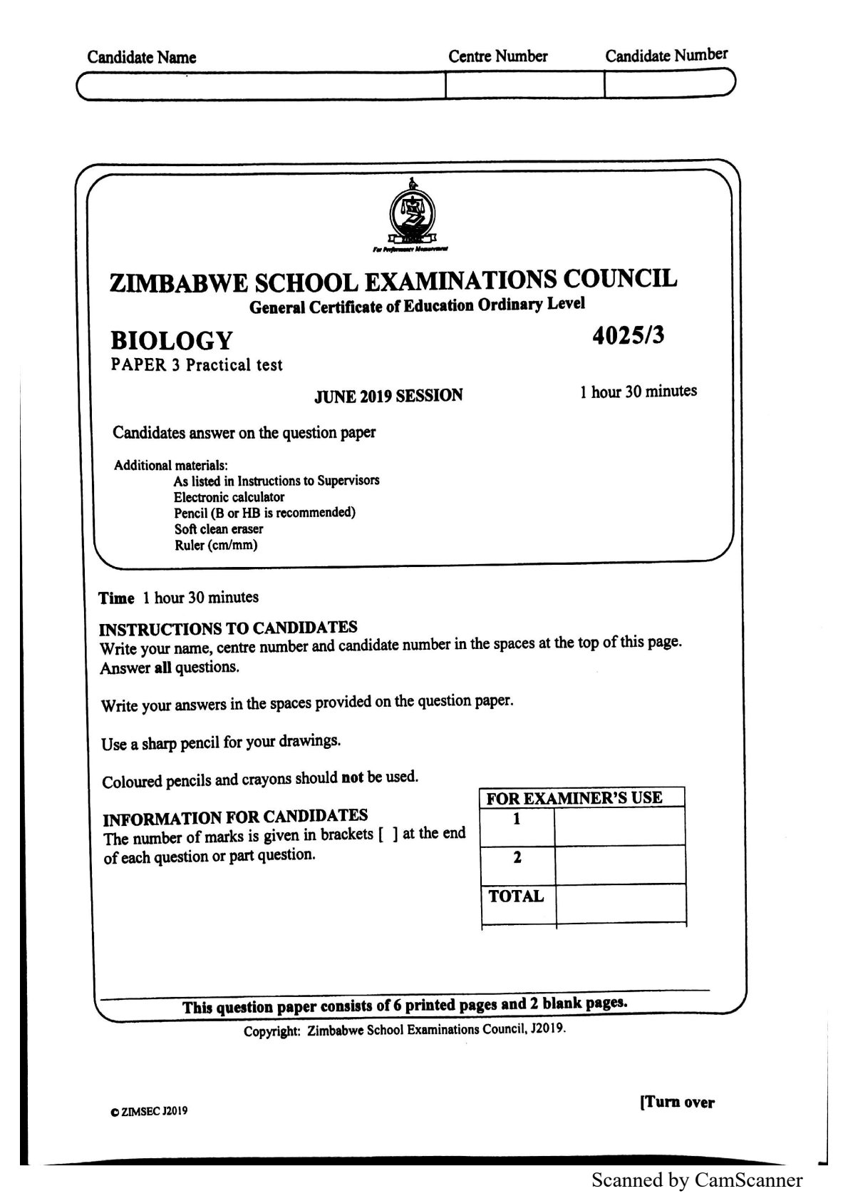 First page of ZIMSEC O-Level Biology Paper 3 June 2019 Question Paper