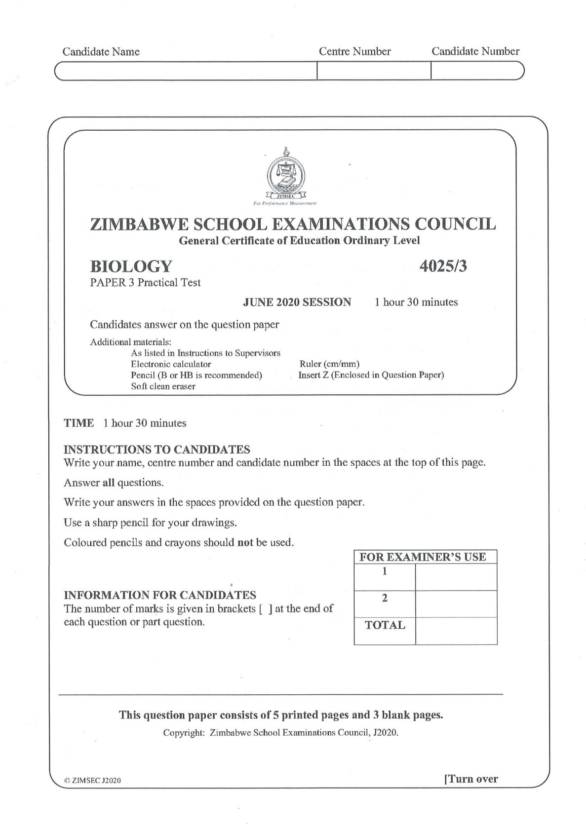 First page of ZIMSEC O-Level Biology Paper 3 June 2020 Question Paper