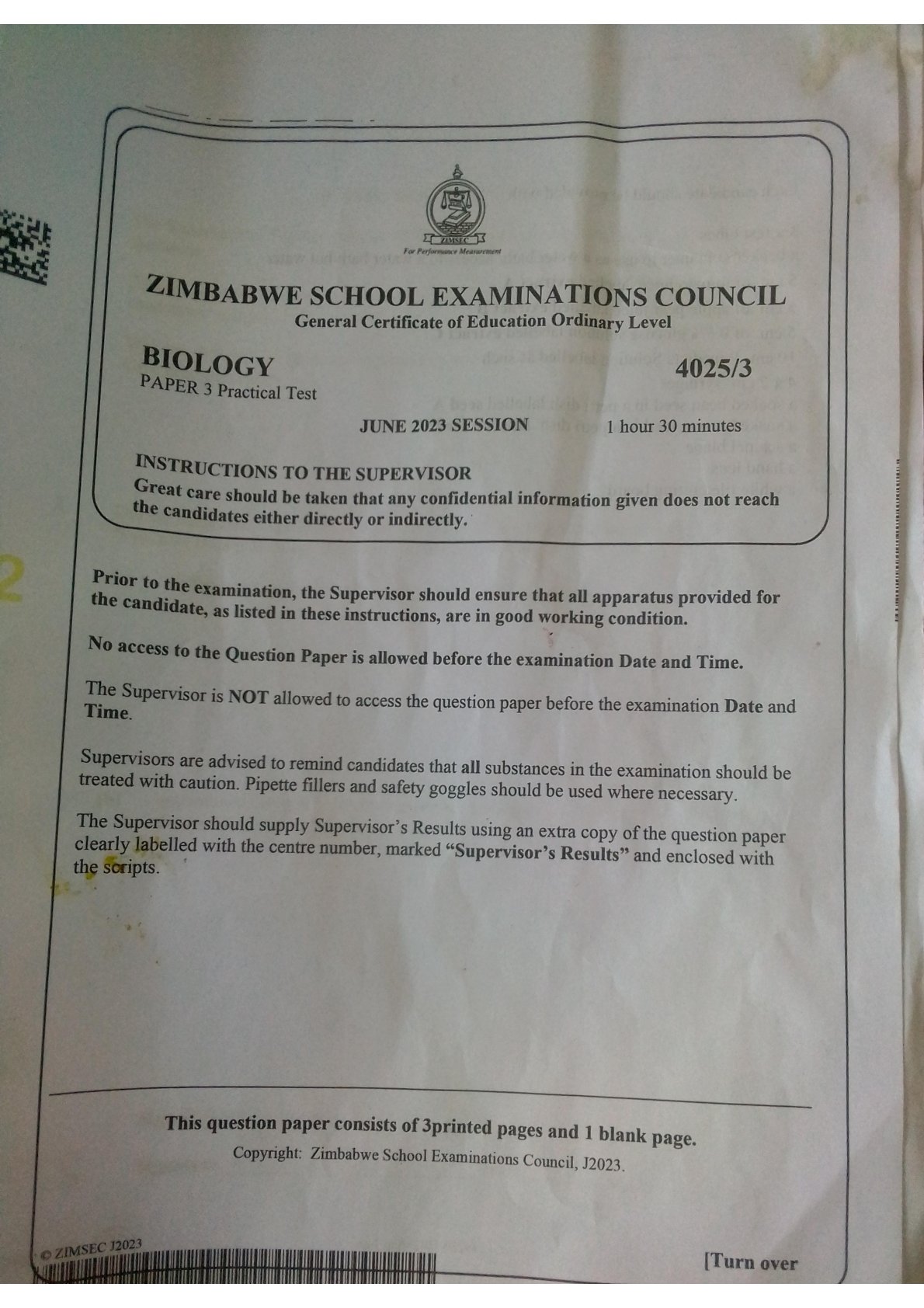 First page of ZIMSEC O-Level Biology Paper 3 June 2023 Question Paper