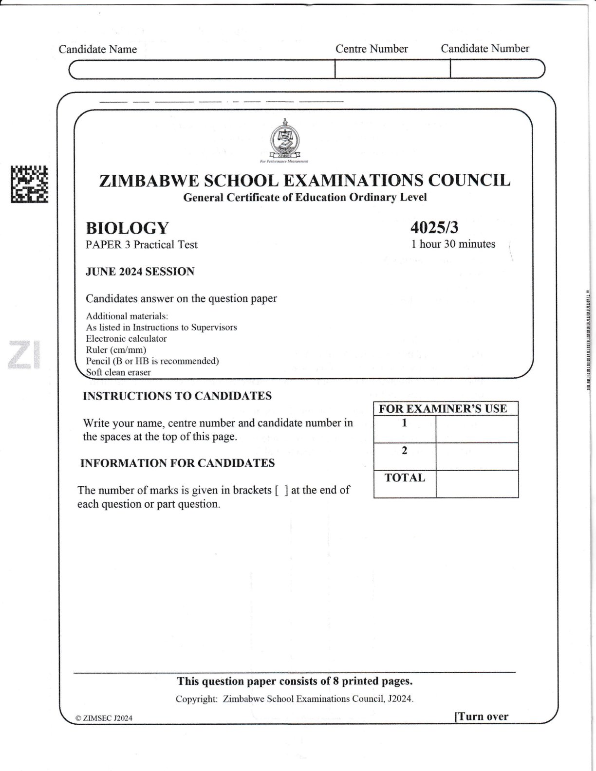 First page of ZIMSEC O-Level Biology Paper 3 June 2024 Question Paper