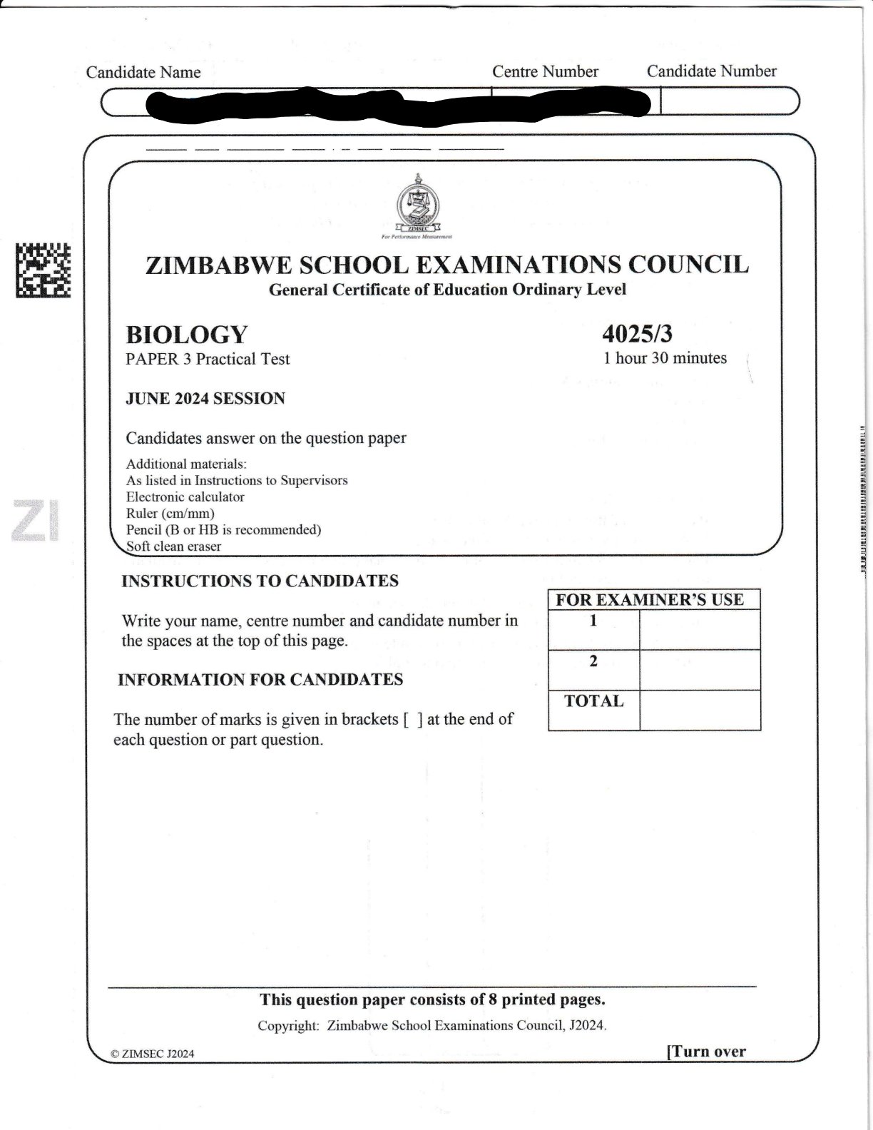 First page of ZIMSEC O-Level Biology Paper 3 June 2024 Question Paper