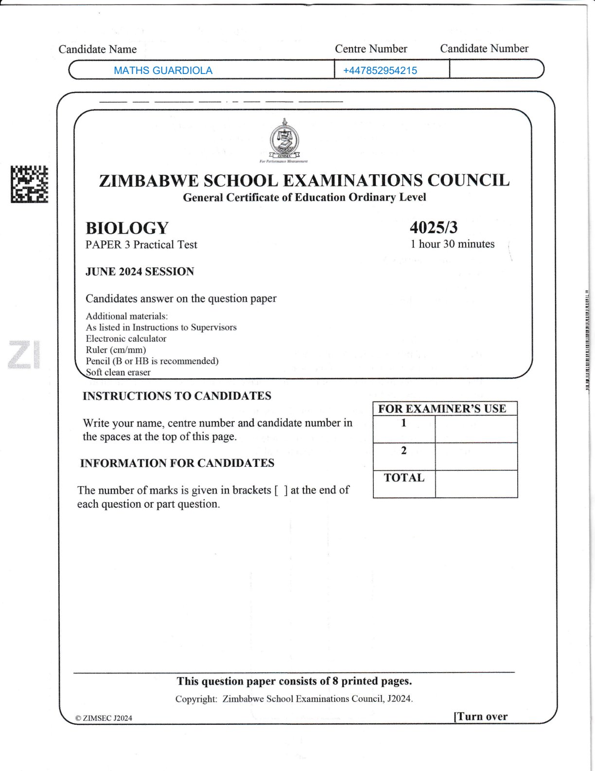 First page of ZIMSEC O-Level Biology Paper 3 June 2024 Question Paper
