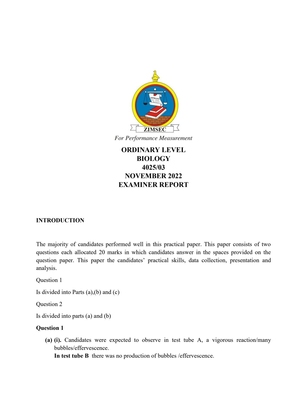 First page of ZIMSEC O-Level Biology Paper 3 November 2022 Marking Scheme