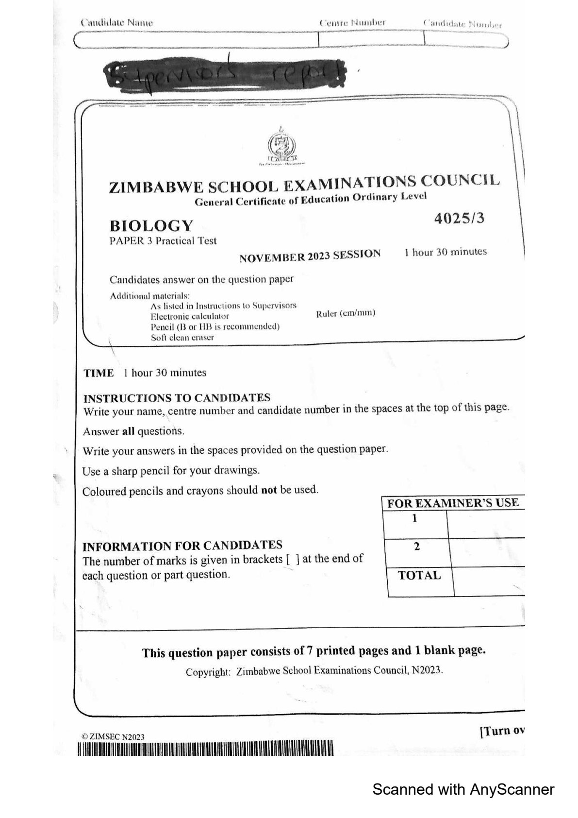 First page of ZIMSEC O-Level Biology Paper 3 November 2023 Question Paper