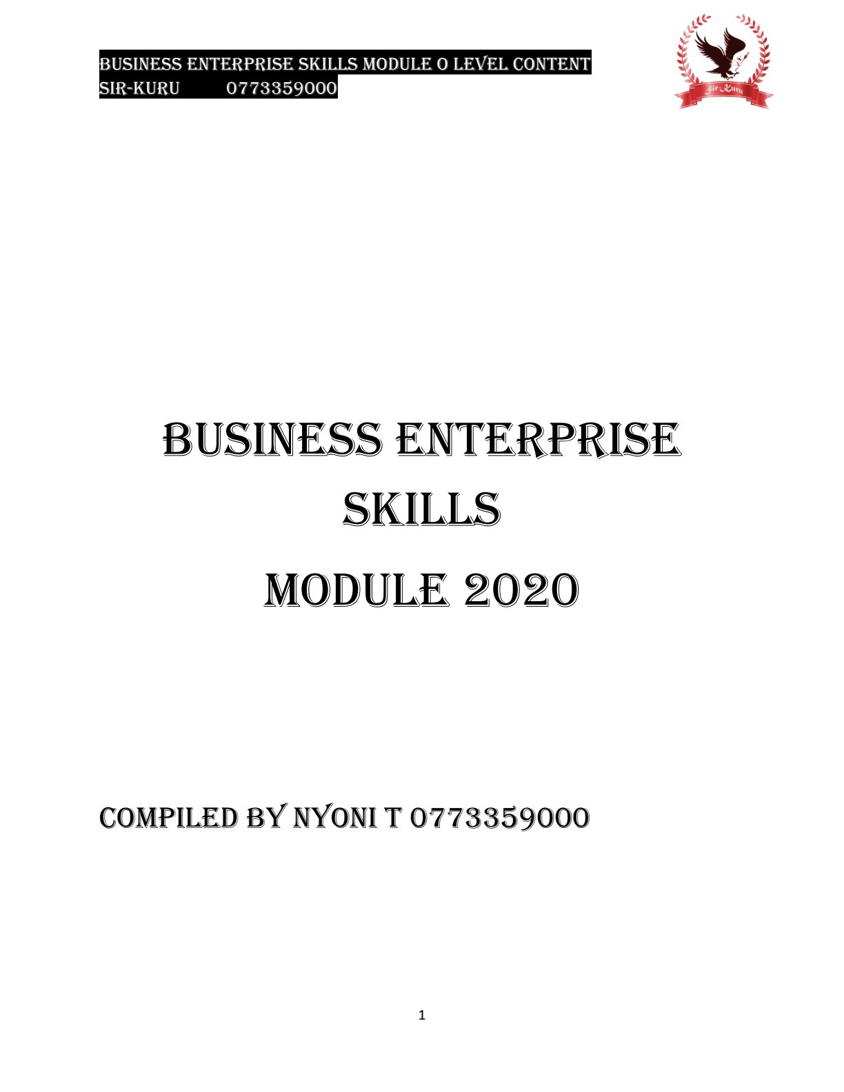 First page of ZIMSEC O-Level Business Enterprise Skills 2020 Study Guide
