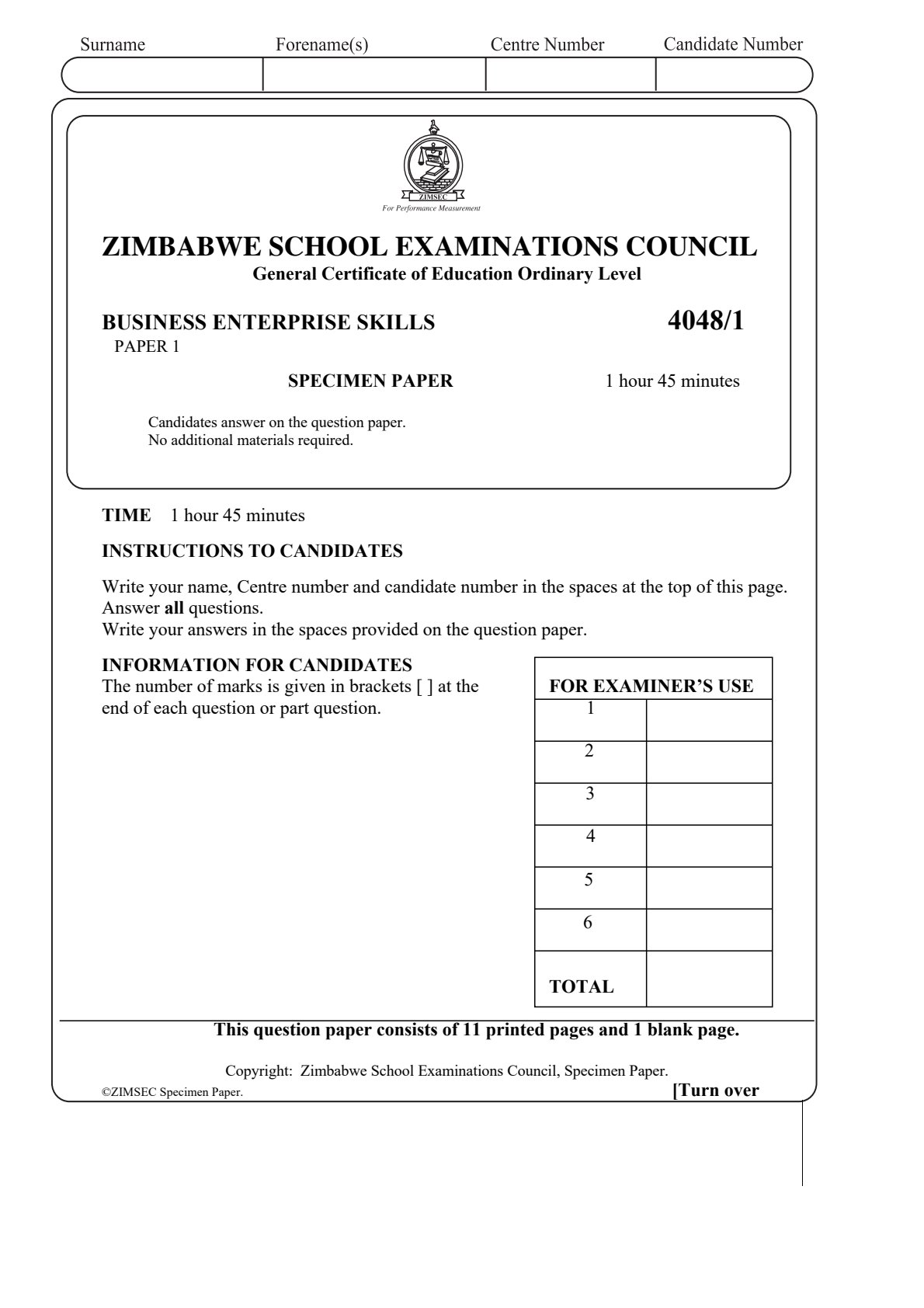 First page of ZIMSEC O-Level Business Enterprise Skills Paper 1 2020 Question Paper