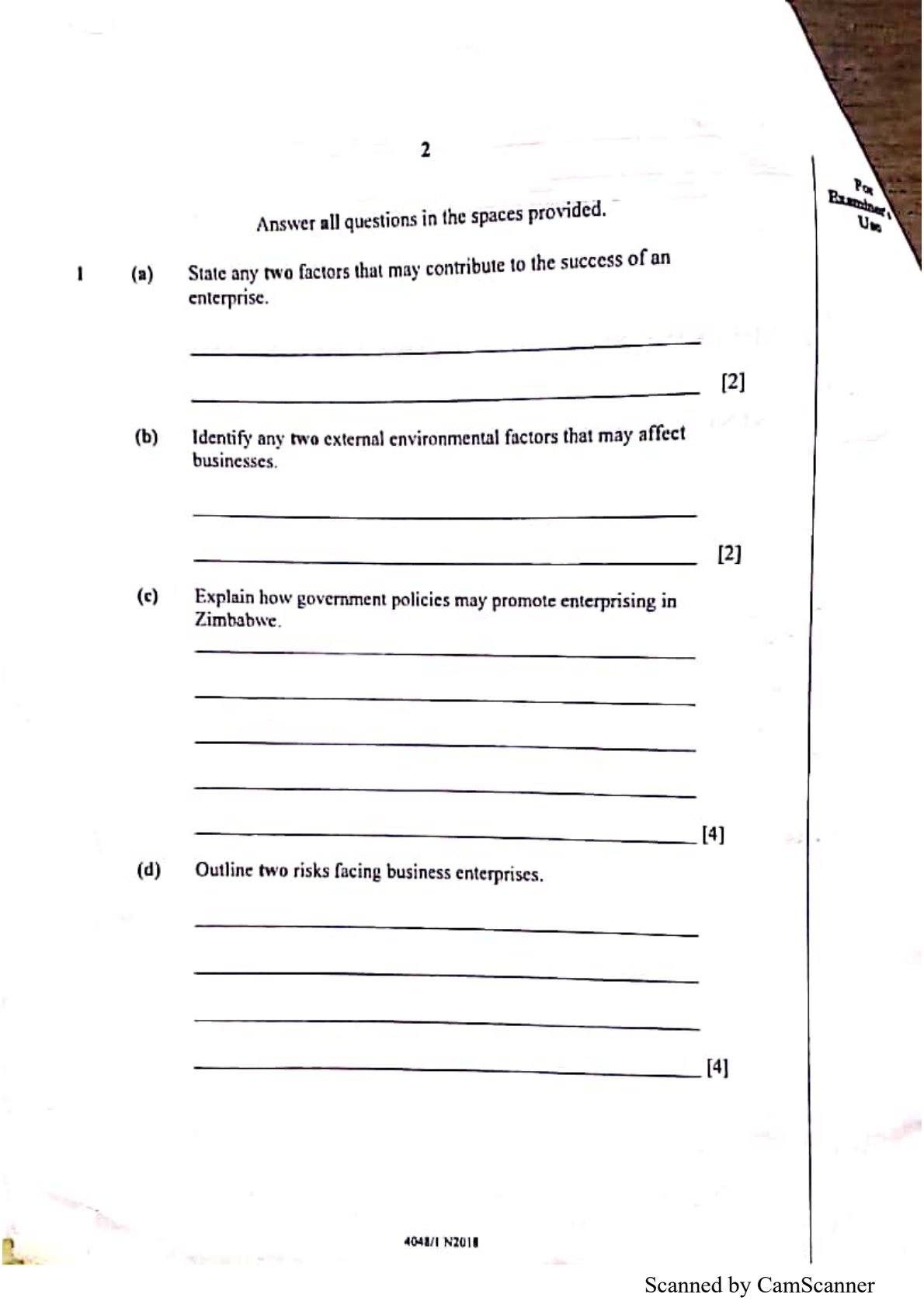 First page of ZIMSEC O-Level Business Enterprise Skills Paper 1 November 2018 Question Paper