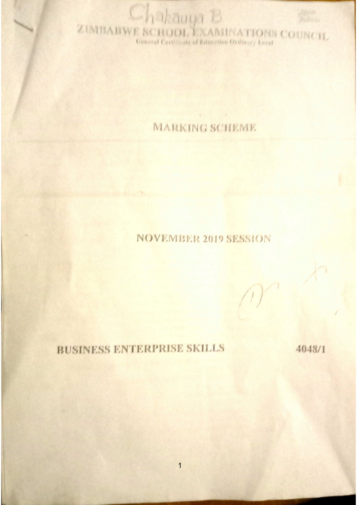 First page of ZIMSEC O-Level Business Enterprise Skills Paper 1 November 2019 Marking Scheme