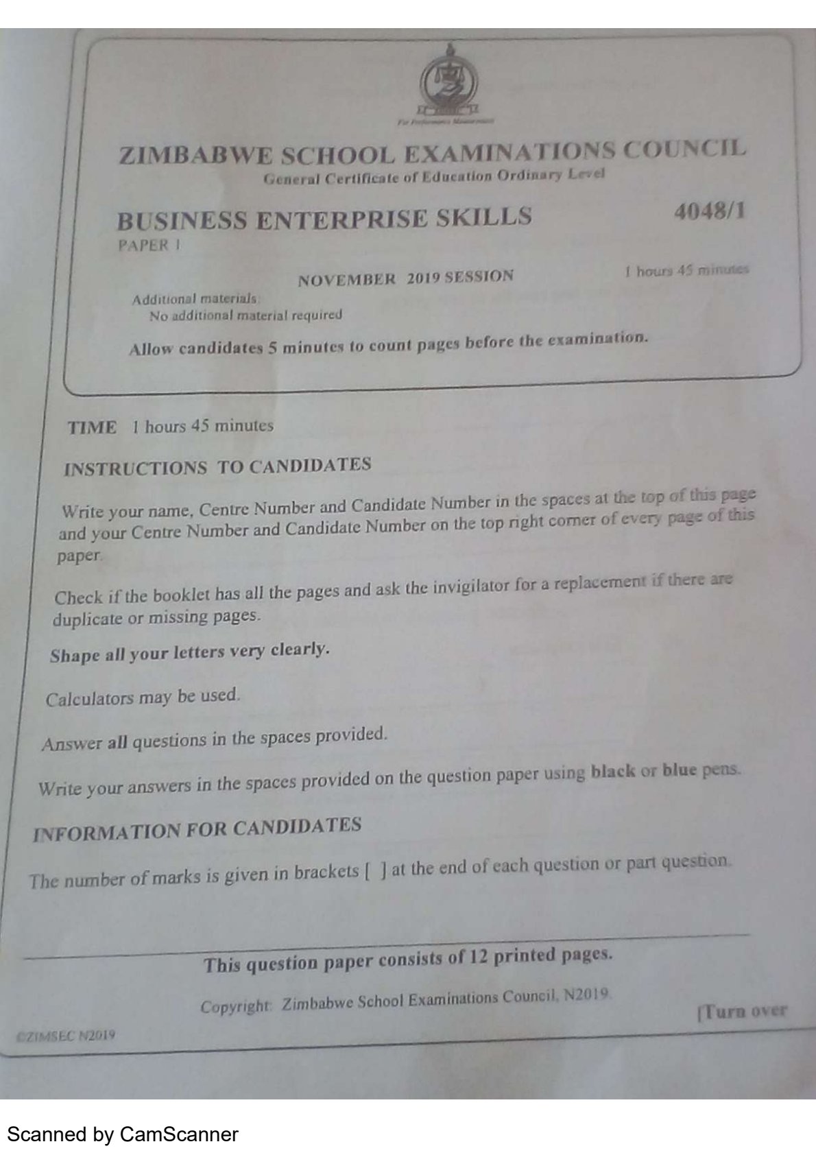 First page of ZIMSEC O-Level Business Enterprise Skills Paper 1 November 2019 Question Paper