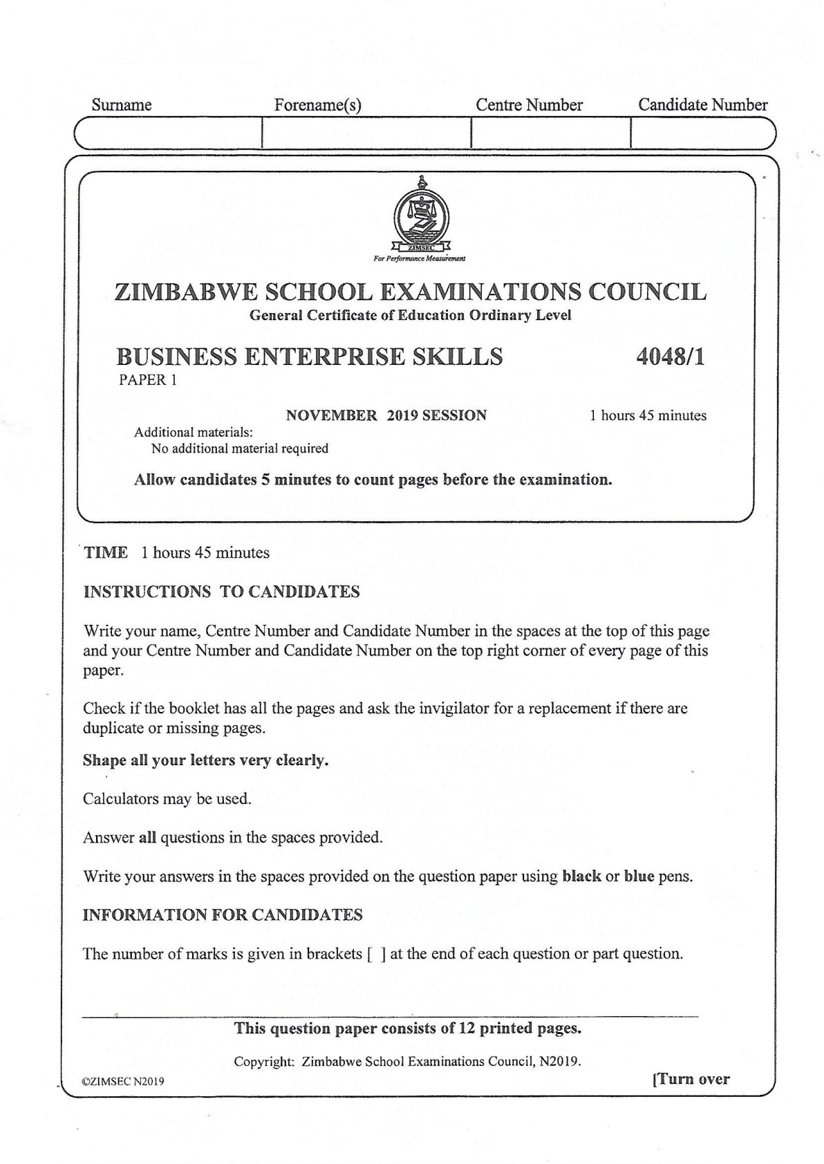 First page of ZIMSEC O-Level Business Enterprise Skills Paper 1 November 2019 Question Paper