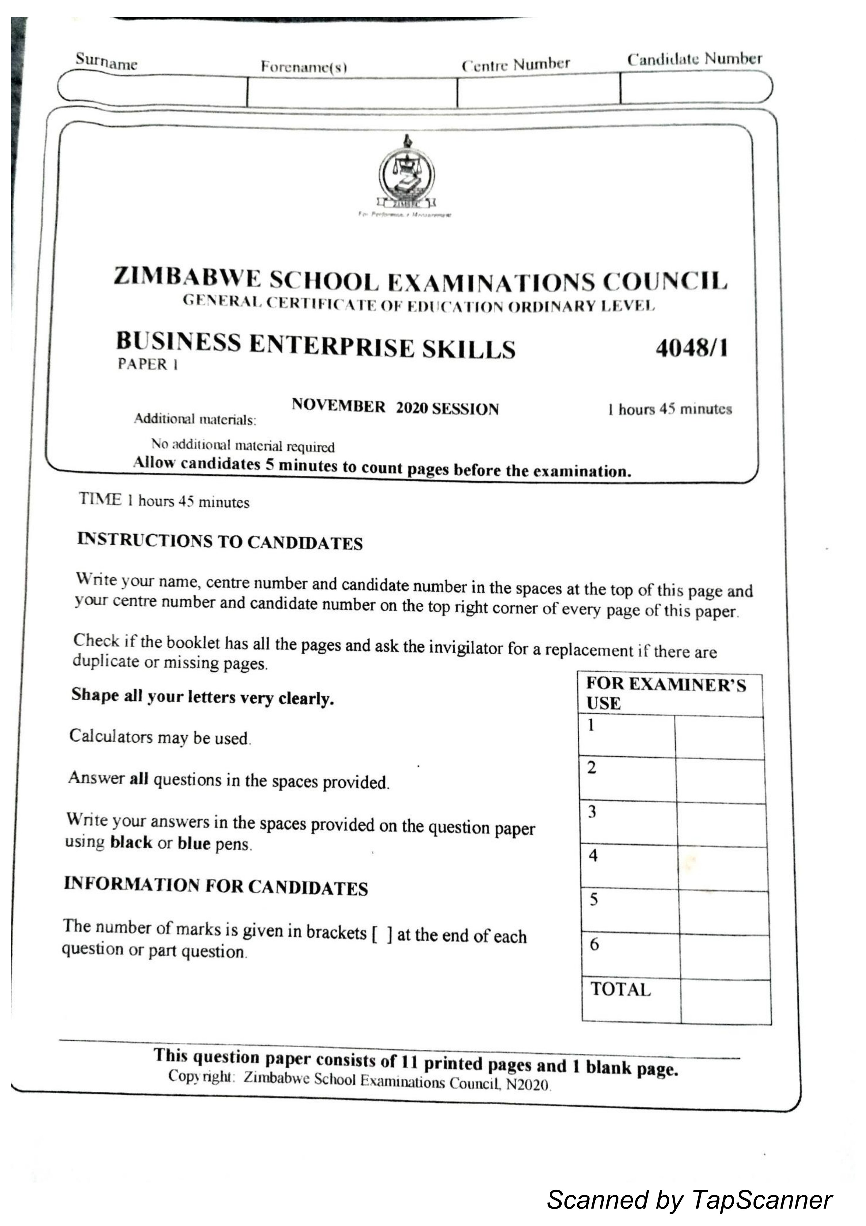 First page of ZIMSEC O-Level Business Enterprise Skills Paper 1 November 2020 Question Paper