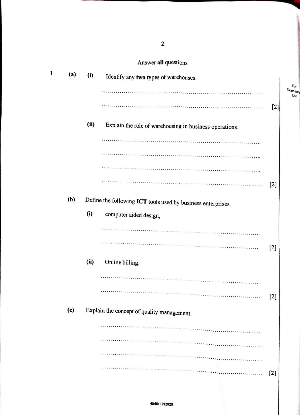 First page of ZIMSEC O-Level Business Enterprise Skills Paper 1 November 2020 Question Paper