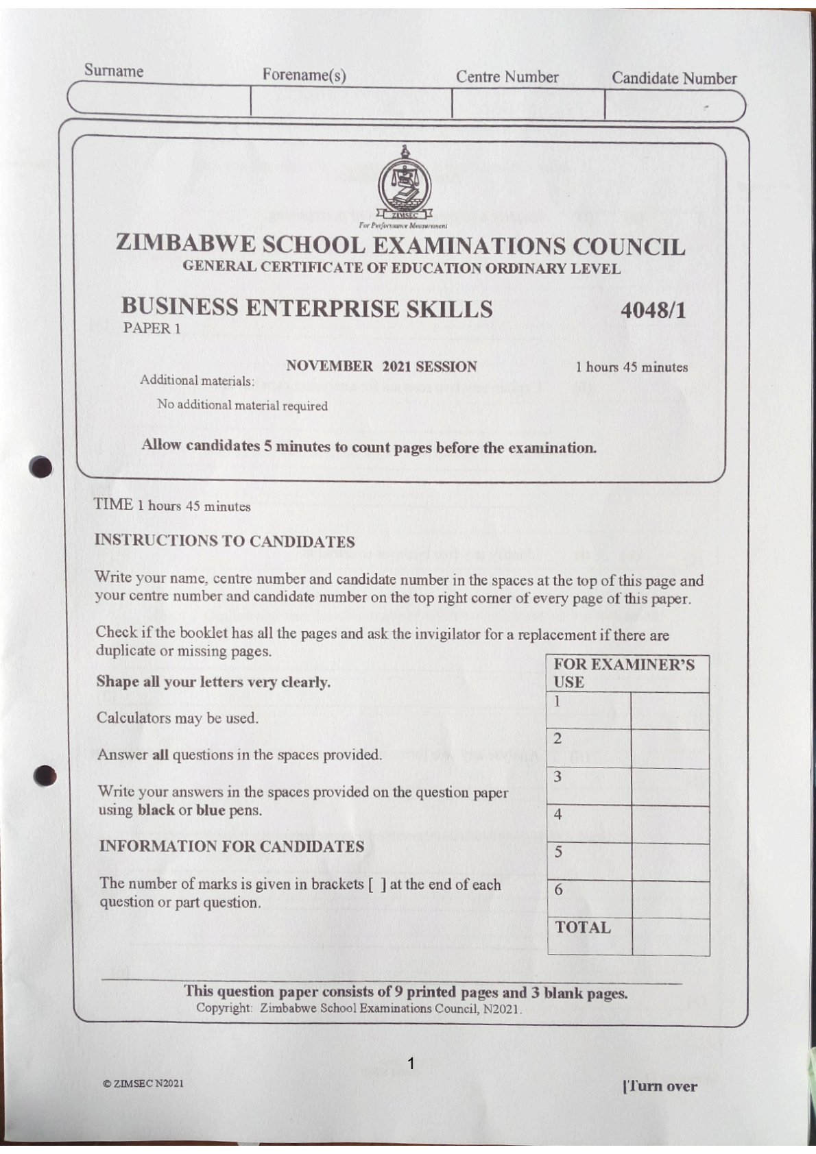 First page of ZIMSEC O-Level Business Enterprise Skills Paper 1 November 2021 Question Paper