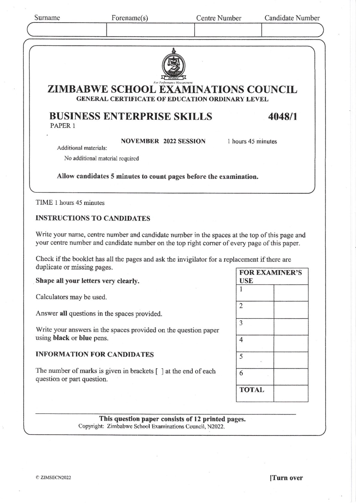 First page of ZIMSEC O-Level Business Enterprise Skills Paper 1 November 2022 Question Paper