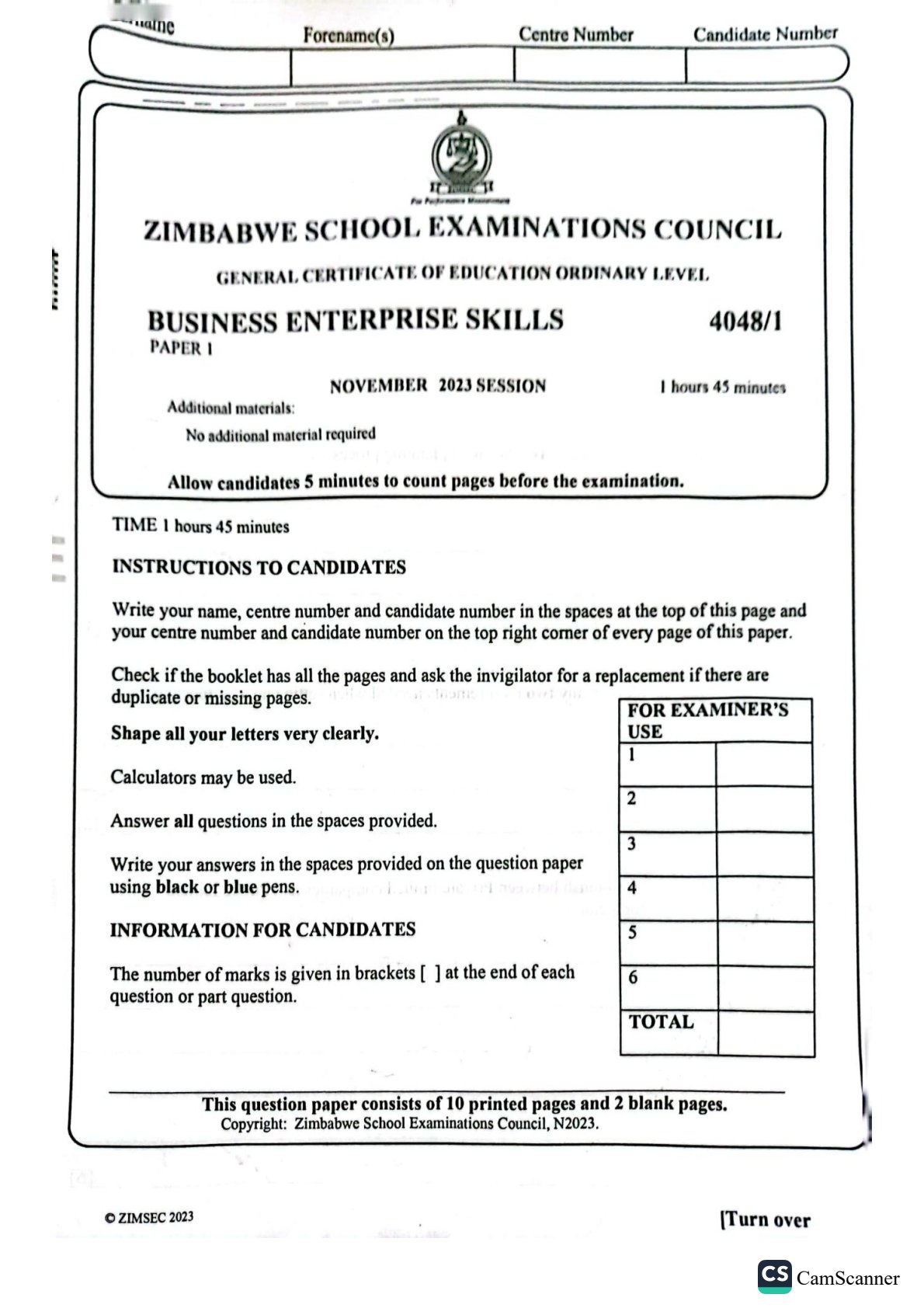 First page of ZIMSEC O-Level Business Enterprise Skills Paper 1 November 2023 Question Paper