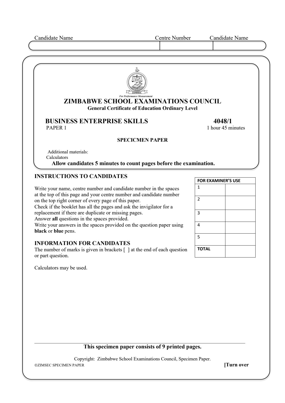 First page of ZIMSEC O-Level Business Enterprise Skills Paper 1 Question Paper