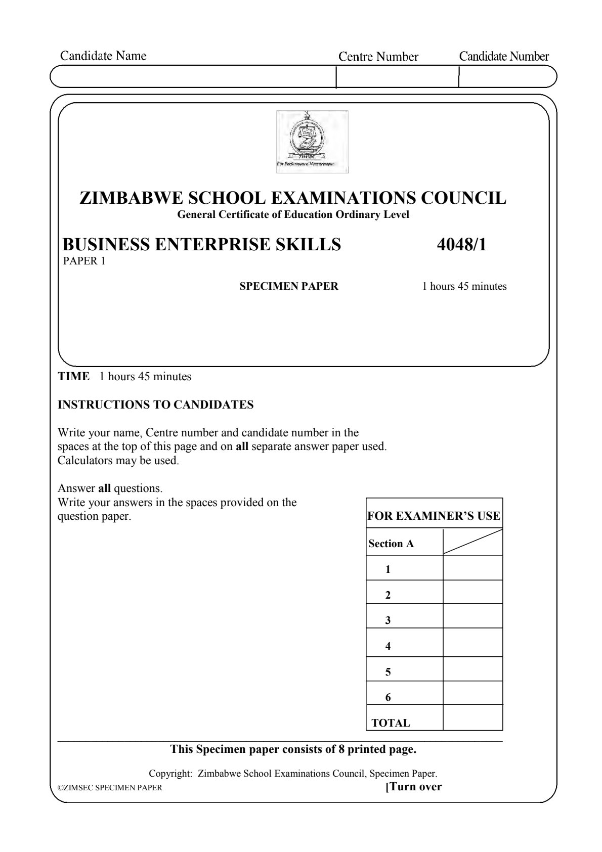 First page of ZIMSEC O-Level Business Enterprise Skills Paper 1 Question Paper