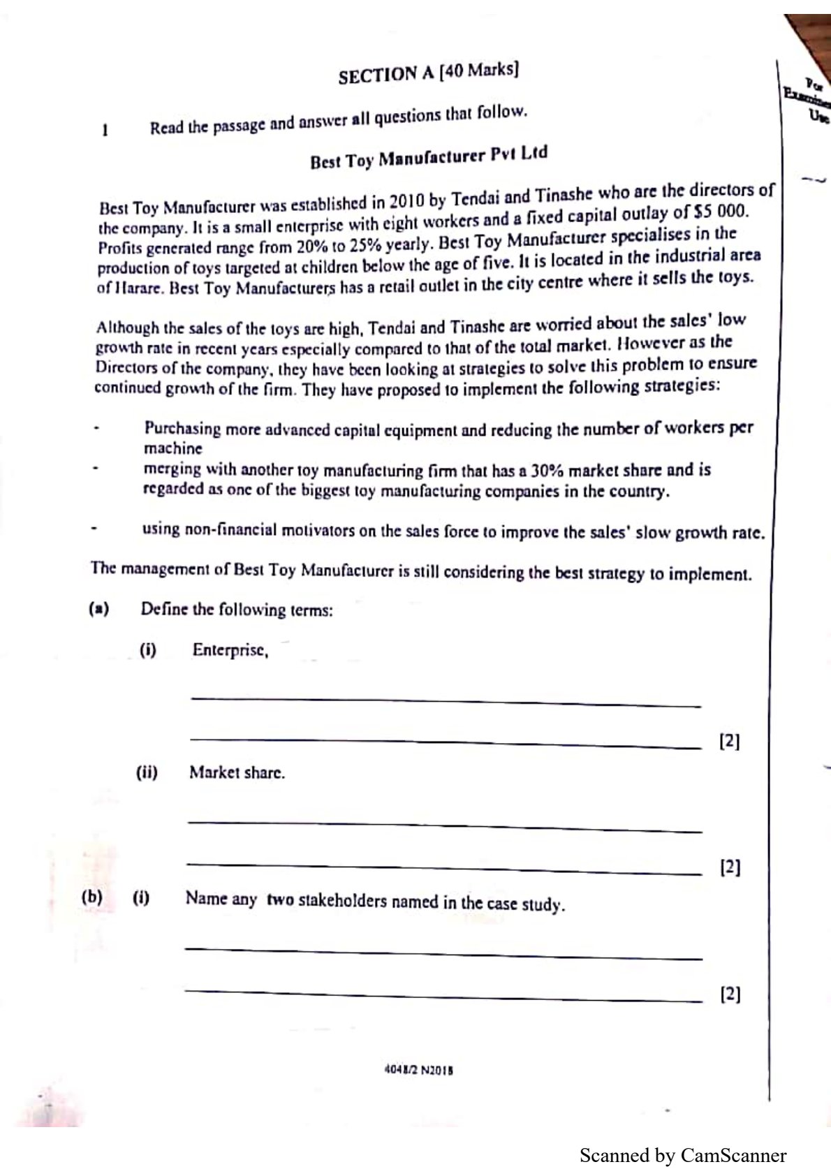 First page of ZIMSEC O-Level Business Enterprise Skills Paper 2 November 2018 Question Paper