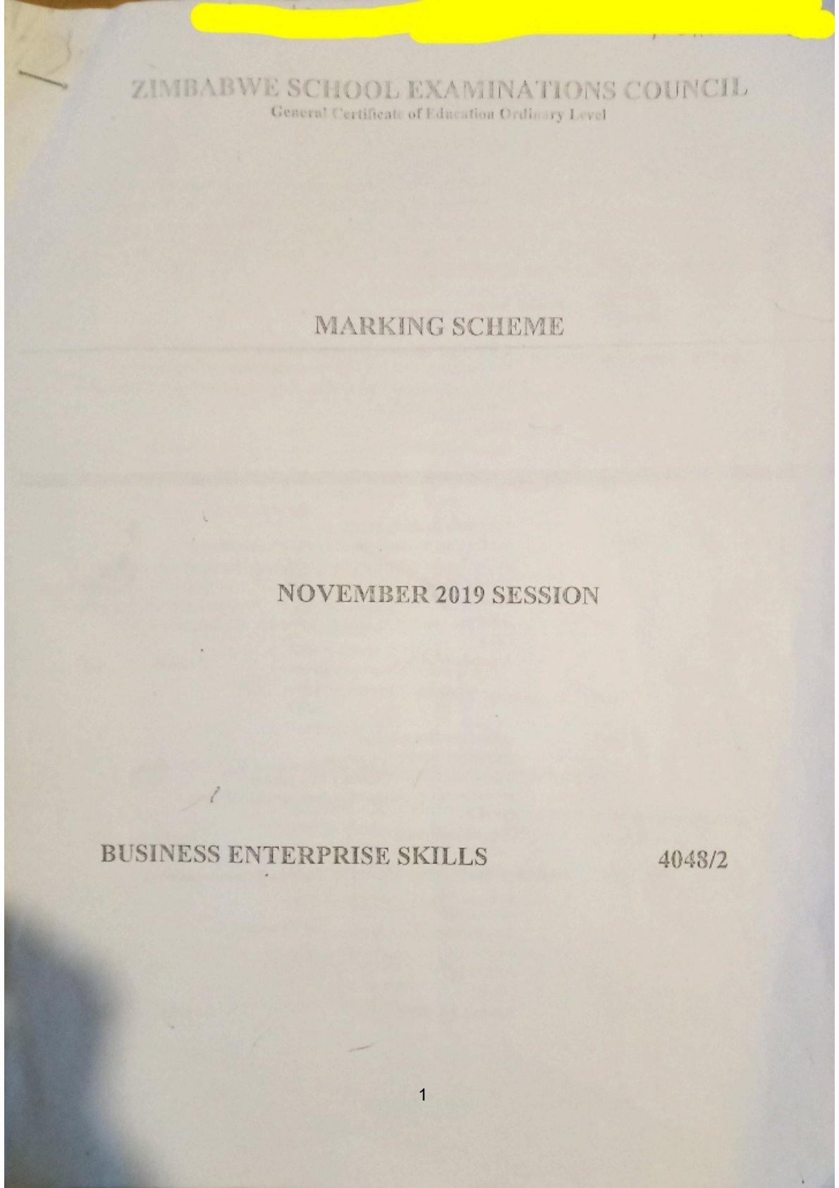 First page of ZIMSEC O-Level Business Enterprise Skills Paper 2 November 2019 Marking Scheme