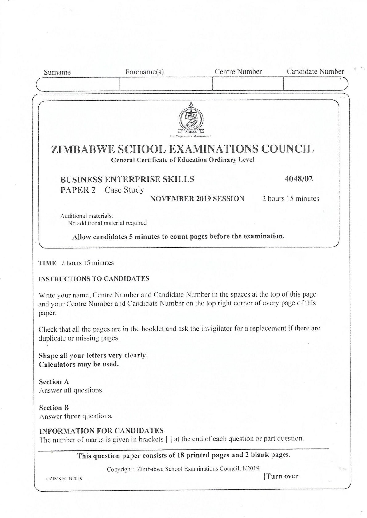 First page of ZIMSEC O-Level Business Enterprise Skills Paper 2 November 2019 Question Paper