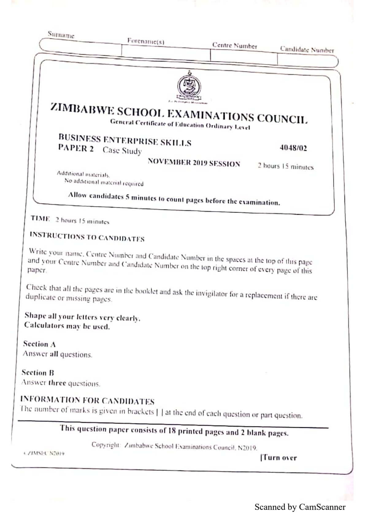 First page of ZIMSEC O-Level Business Enterprise Skills Paper 2 November 2019 Question Paper