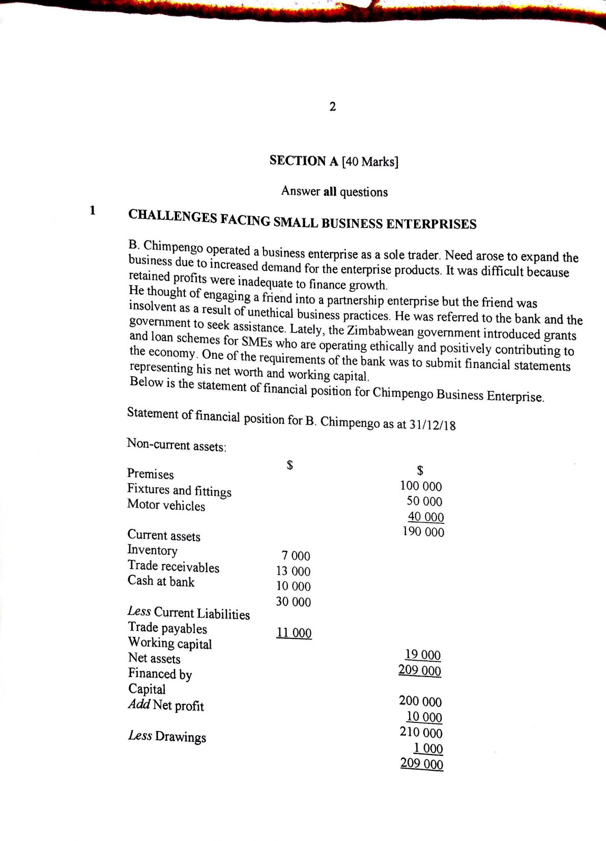 First page of ZIMSEC O-Level Business Enterprise Skills Paper 2 November 2020 Question Paper